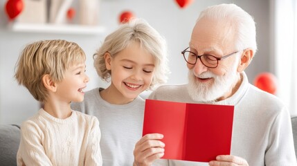 Heartwarming Family Moment with Elderly Grandfather and Happy Children Sharing a Special Card in a Bright, Cheerful Living Room Setting Filled with Love and Joy