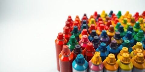 Obraz premium A vibrant array of colorful spray paint cans lined up in rows, creating a captivating visual tapestry of hues and textures.