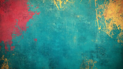 A grungy, colorful background of bright teal, red, and yellow with rough edges for an energetic feel.