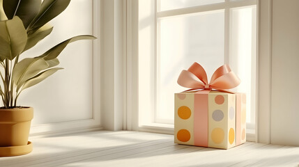 Gift box with ribbon on windowsill, sunlight, plant, home interior, celebration