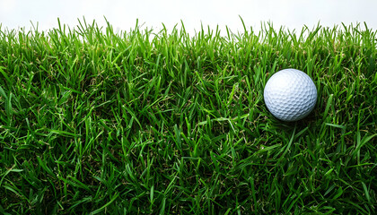 Golf ball on green grass, sky background