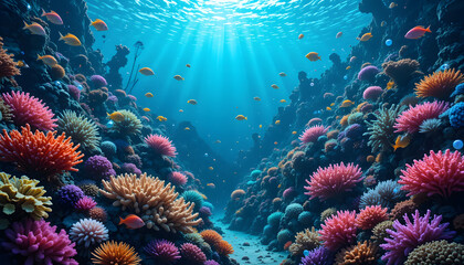 Vibrant coral reef teeming with colorful fish and diverse marine life under sunlit ocean water.