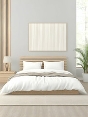 Minimalist bedroom interior design, featuring a wooden bed, white bedding, and a light-grey wall; sunlight streams in through a window; ideal for home décor websites