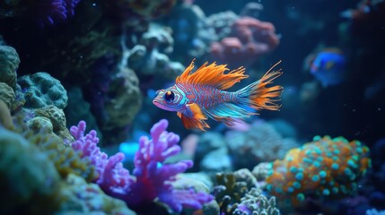 Obraz premium A beautiful and rare Mandarin dragonet fish swimming among the colorful coral reefs, its bright orange and blue hues glowing in the underwater light.