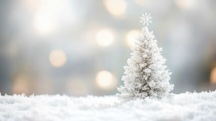 Fototapeta premium A beautiful Christmas card with a white Christmas tree and snowflakes, with a blurred background that evokes a cozy and magical holiday feeling.