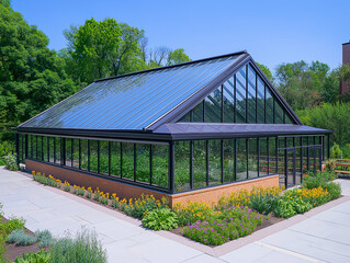 Obraz premium Scenic Greenhouse Journey with Transparent Glass Walls