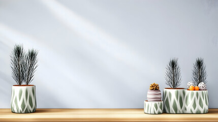 Minimalist home decor arrangement with plants and decorative objects on a wooden shelf against a light blue wall, ideal for interior design blogs or websites