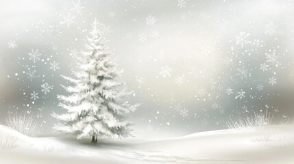 Fototapeta premium A beautiful Christmas card with a white Christmas tree and snowflakes, with a blurred background that evokes a cozy and magical holiday feeling.