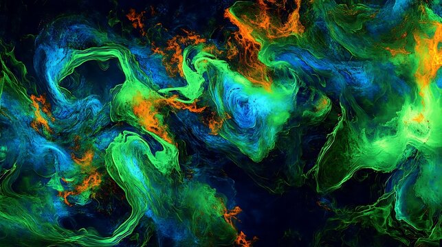 A mix of neon green, blue, and orange in a chaotic, swirling abstract pattern with rough edges.