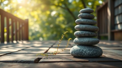 Obraz premium A Balanced Stone Cairn Nestled on a Wooden Deck, Embracing a Delicate Sprout in the Sunlit Serenity of a Garden