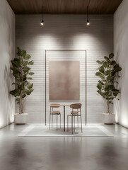 Minimalist interior design small dining area with two chairs and plants; artwork on display; modern, clean background for home decor websites