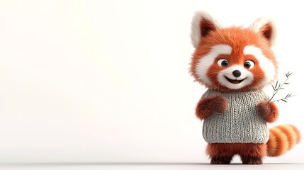 Fototapeta premium Adorable cartoon red panda wearing a sweater holding a bamboo shoot against a white background.