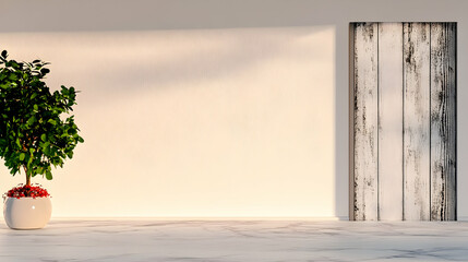 Minimalist interior design, sunlit room, plant, wooden panel, empty wall space, mockup