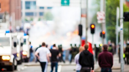 Urban Conflict Blur – A blurred image of an urban area engulfed in riot-related unrest.
