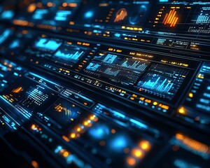 Obraz premium Futuristic digital interface with glowing graphs and data.