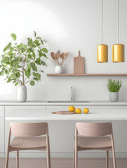 Minimalist kitchen design, bright interior, natural light, wooden accents, island table, plant decor, perfect for home decor websites