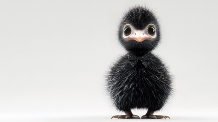 Fototapeta premium Adorable fluffy black chick wearing a bow tie against a white background.