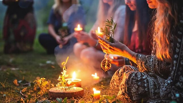 Pagan practitioners hold rituals honoring seasonal changes, using symbolic tools and guided meditation.