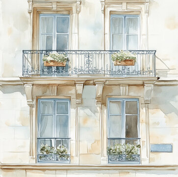 paris windows and doors in spring in soft blue and beige, watercolor