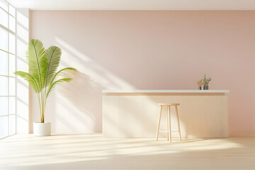 Minimalist pastel room interior design with a bar counter, wooden stool, and potted plant, sunlight streaming through a large window. Ideal for home decor, real estate, or interior design websites