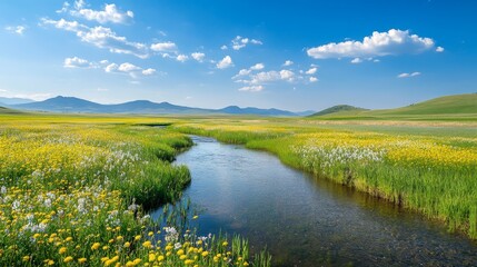 Serene spring landscape with wildflowers, stream, and blue sky