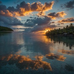 Fototapeta premium A sunset mirrored on the calm lagoon of a tropical island, creating a stunning double horizon.