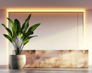 Minimalist reception area with large plant, warm lighting, and textured counter.  Perfect for interior design or hospitality websites
