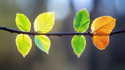 Vibrant transition of leaf colors in autumn on branch