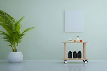 Minimalist room with plant, cart, and blank canvas; health supplements displayed; calm background for wellness or health blog