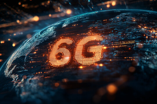 The text "6G" is glowing white letters on the Earth, surrounded by digital connections, symbolizing advanced communication technology, global connectivity, fast network speed, innovation, 3D,