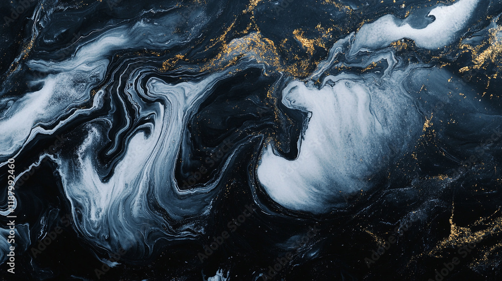 Poster swirling black and white patterns create an abstract representation of cosmic space