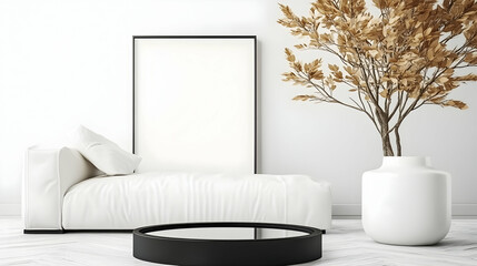 Minimalist white living room interior design mockup with empty frame, couch, and plant. Ideal for showcasing artwork or product design