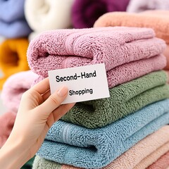Frugal lifestyle concept. Soft, colorful towels stacked with a hand holding a "Second-Hand Shopping" sign, highlighting eco-friendly shopping options.