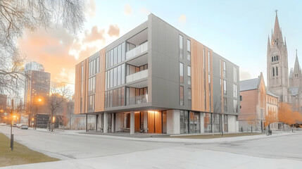 Modern apartment building at sunset, city street, church in background; ideal for real estate listings