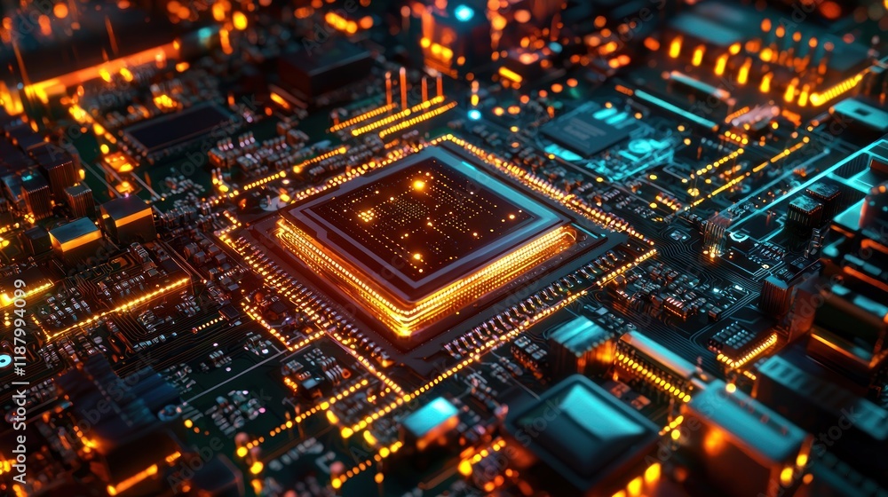 Poster glowing circuit board: a close-up of a computer microchip