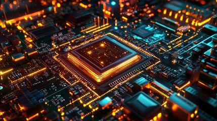 Fototapeta premium Glowing Circuit Board: A Close-Up of a Computer Microchip