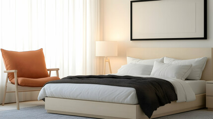 Modern bedroom interior design with large bed, armchair, and large window, showing natural light; perfect for home décor websites