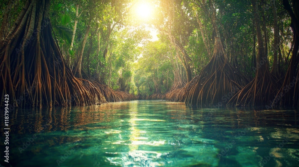 Poster serene river flowing through lush mangrove forest with sunlight filtering through the canopy creatin