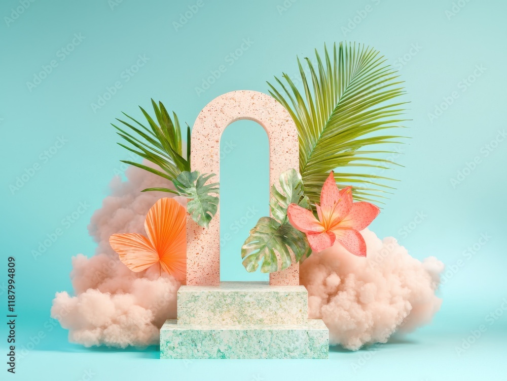 Poster creative geometric product display with tropical elements studio setting visual art vibrant colors a