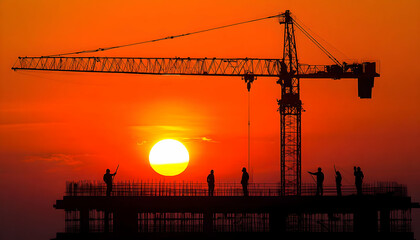 Sunset Construction Site Workers Crane Silhouette