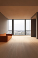 Obraz premium Modern interior design featuring spacious living room with large windows overlooking cityscape