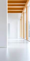 Fototapeta premium Modern interior with white walls and wooden beams showcasing natural light in bright space