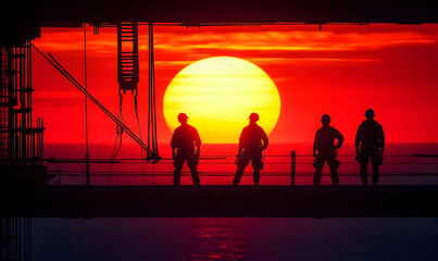 Fototapeta premium Offshore Workers Sunset Platform Construction