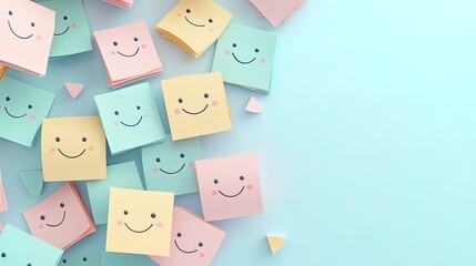 Fototapeta premium Colorful sticky notes with happy faces scattered on a light blue background, leaving space for text or design.
