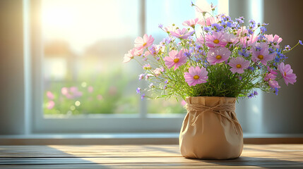 Sunlit cosmos bouquet, windowsill, garden view, home decor