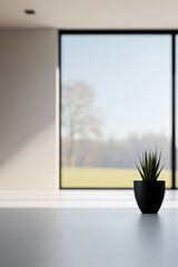 Modern interior with a potted plant against a large window overlooking the outdoors
