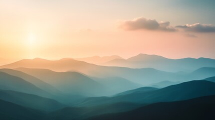 Fototapeta premium Serene mountain landscape at sunrise with misty hills and soft pastel sky