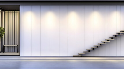 Modern home entrance with staircase, minimalist wall, and potted plant. Ideal for interior design websites or brochures