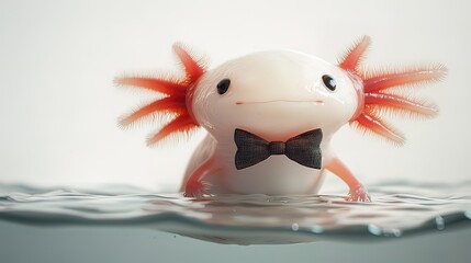 Cute axolotl wearing a bow tie, partially submerged in water.