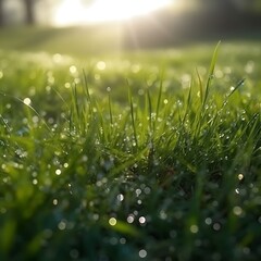 Fototapeta premium Dewdrops Glistening on Blades of Morning Grass